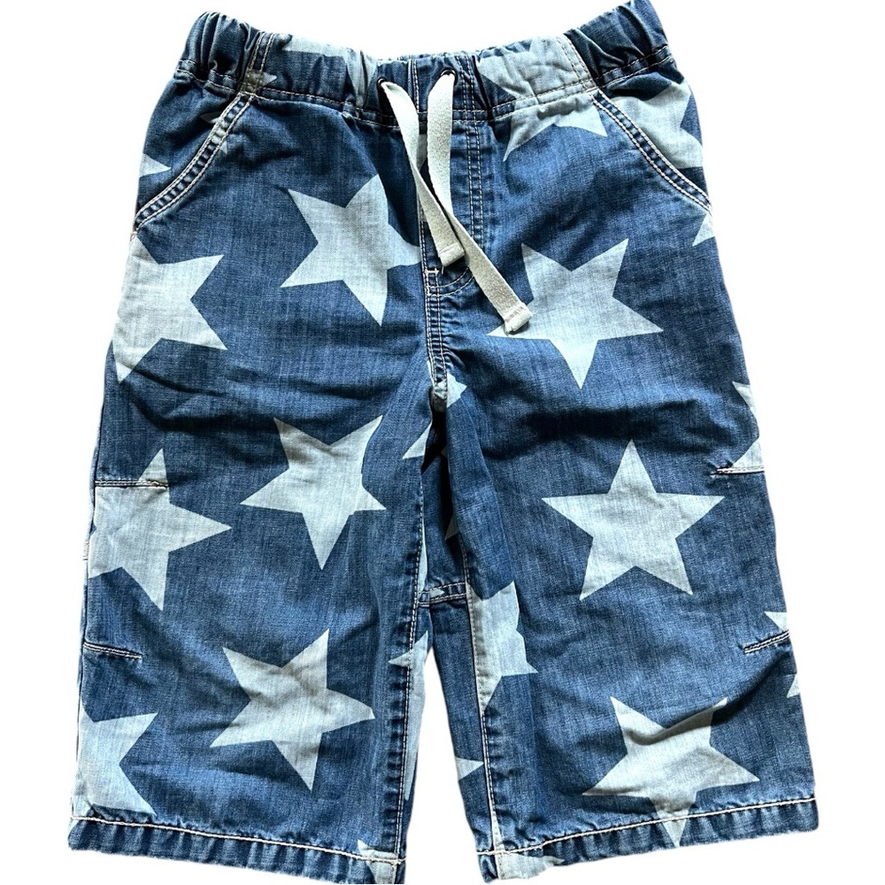 Mini Boden size 9Y blue and white star print denim jeans shorts
